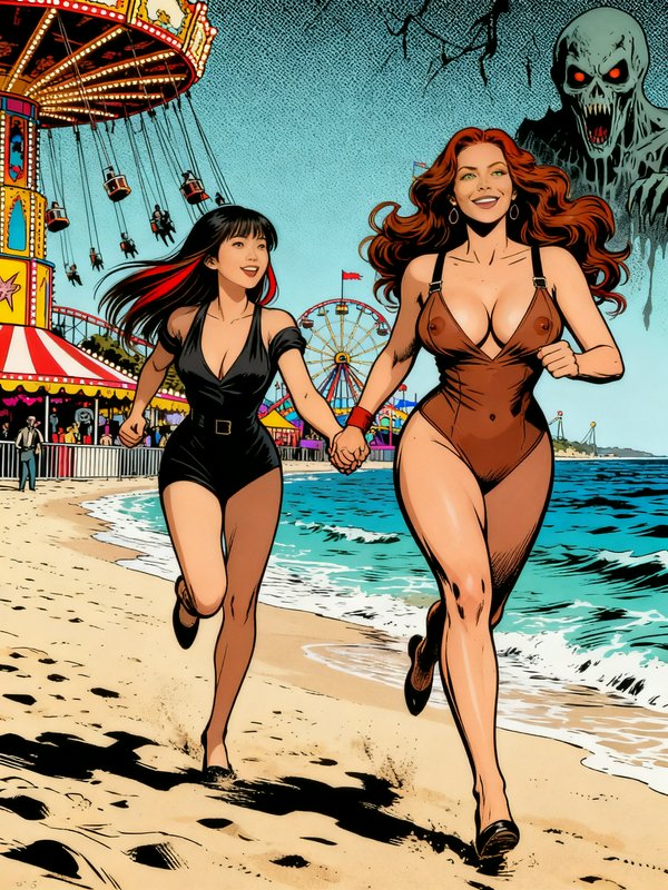 Two women in swimsuits running hand-in-hand on a sunny beach with carnival rides and a looming ghostly figure in the sky.
