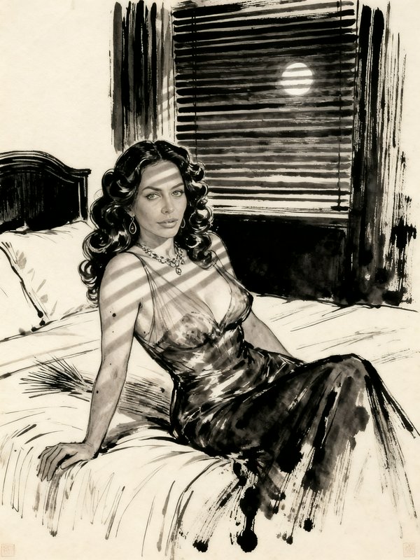 Black and white ink illustration of an elegant woman in a silky gown seated on a bed, moonlight casting striped shadows fr...