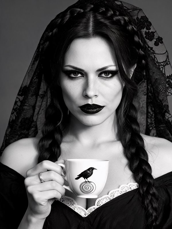 Monochrome gothic portrait of veiled woman holding a raven-print teacup, with dramatic dark makeup.
