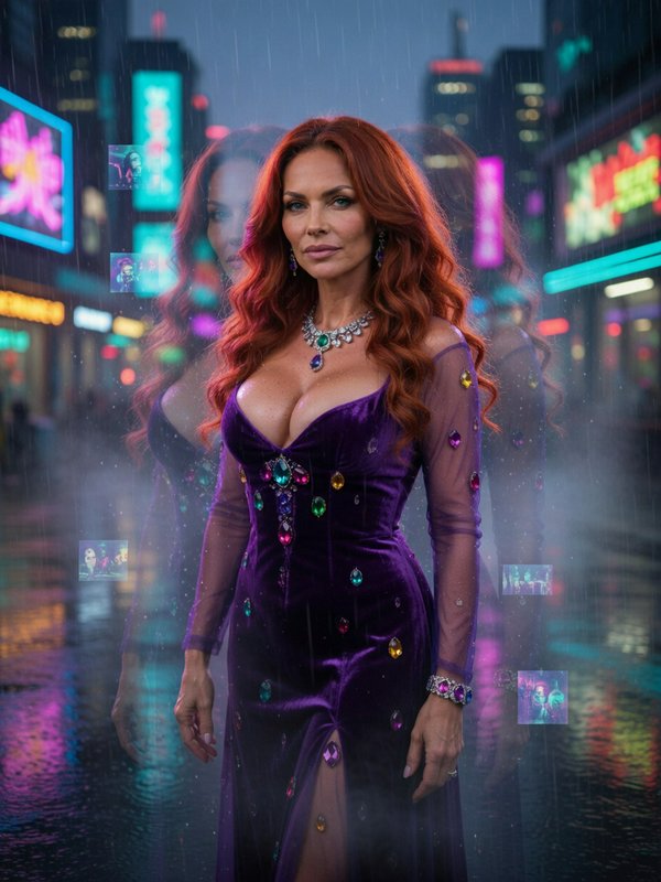 [Glamorous red-haired woman in jeweled purple gown stands on rain-soaked neon-lit cyberpunk city street with double exposu...
