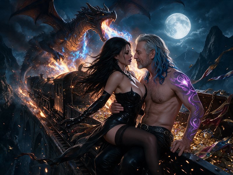 Passionate fantasy couple perched on treasure train, fire-breathing dragon looms under stormy ful...