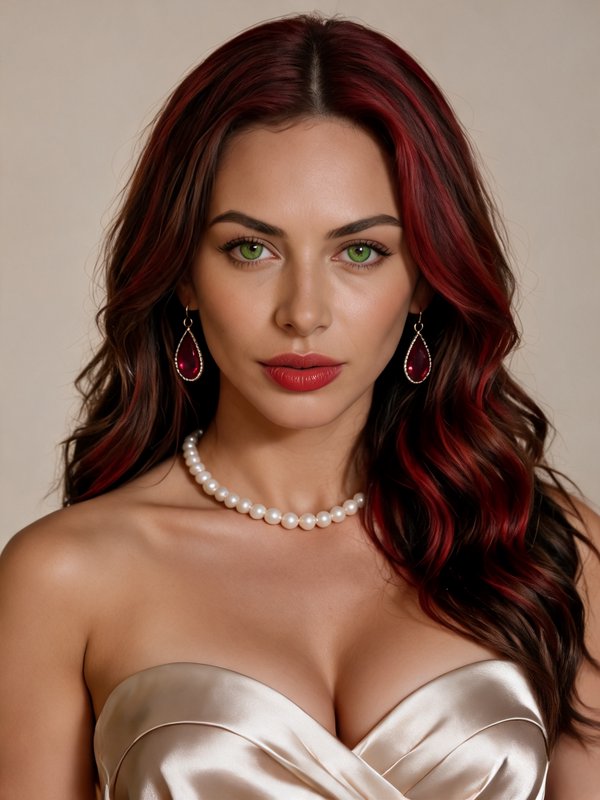 Close-up portrait of elegant woman with deep red wavy hair, bright green eyes, pearl choker and r...