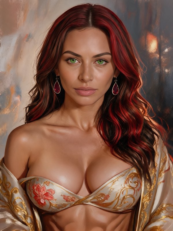 Painted portrait of a woman with wavy red hair, bright green eyes, and ruby teardrop earrings gaz...