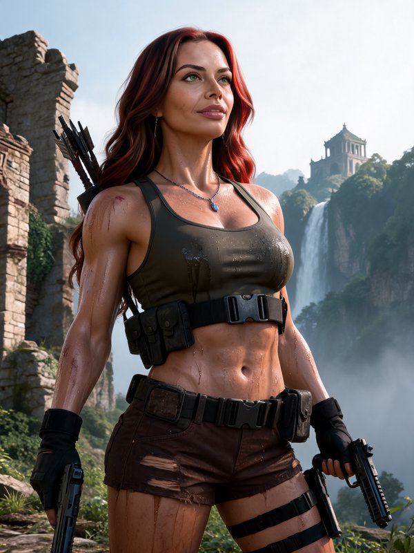 Muscular red-haired female adventurer with tactical gear stands at ancient jungle ruins overlooki...