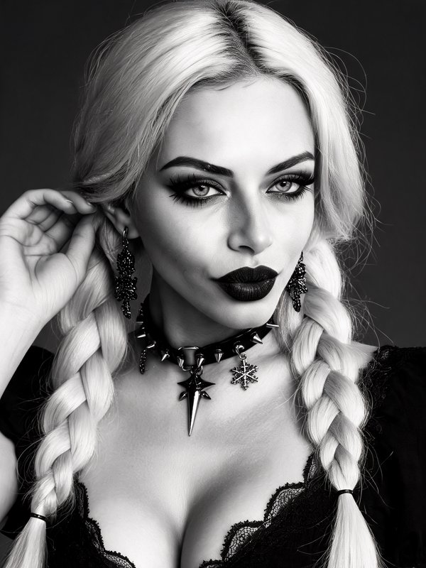 Black and white studio portrait of a goth woman with platinum braided hair, spiked choker, dramat...