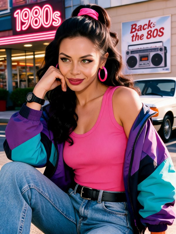 Portrait of a woman in 1980s retro fashion sitting in a sunlit vintage urban street with 80s them...
