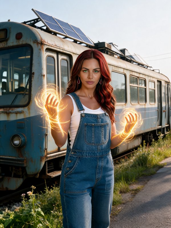 Red-haired woman holding glowing golden magical energy in her hands stands before a rusty solar r...