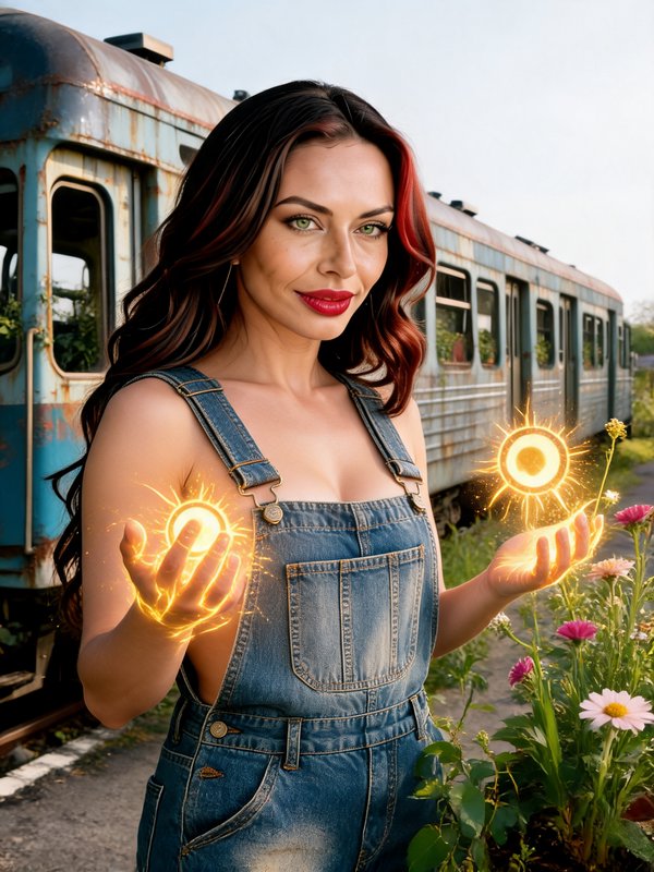 Woman in denim overalls holds glowing golden magic orbs, standing beside a rusted abandoned vinta...