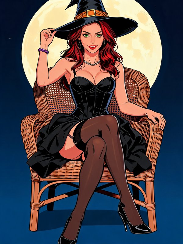 Glamorous red-haired witch tipping her hat, seated in a wicker chair in front of a large glowing ...