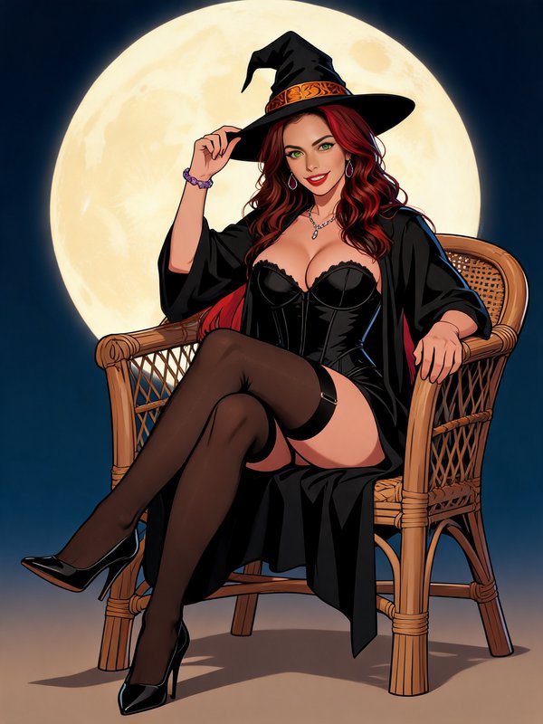 Confident red-haired witch tipping her ornate hat, seated in a wicker chair in front of a glowing...