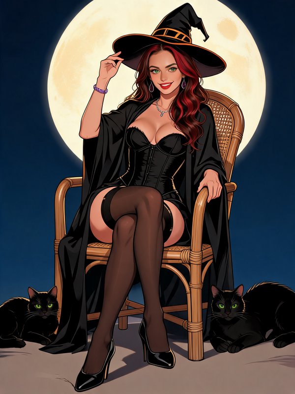 Glamorous red-haired witch adjusts her hat while seated with two black cats under a glowing full ...