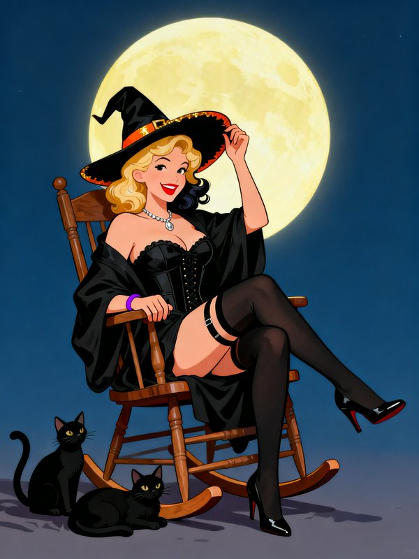 Smiling retro pinup witch tipping her hat in a rocking chair with black cats under a glowing full...