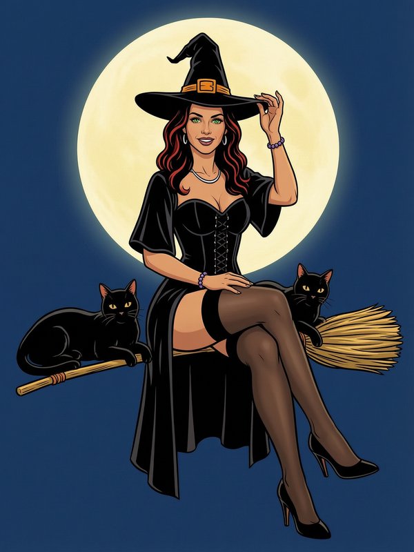 Glamorous pop art witch seated on a broomstick with two black cats, glowing full moon night backdrop