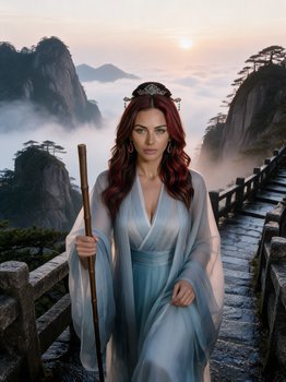 Regal red-haired woman in a sheer blue traditional gown holds a staff on a misty mountain path at...