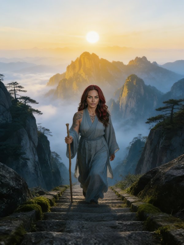 Tattooed red-haired woman in a grey robe walks up mossy mountain stone steps with a staff at gold...