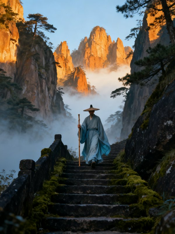 Elder in traditional hanfu and straw hat descends misty mossy mountain stairs, sunlit jagged gold...