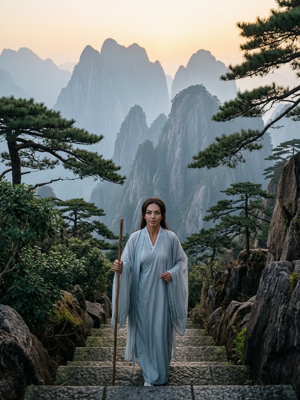 Woman in flowing pale blue traditional robe holds a walking stick, standing on stone steps overlo...