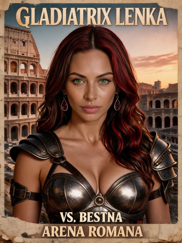 Vintage Roman arena fight poster of armored female gladiator Gladiatrix Lenka, Colosseum sunset b...
