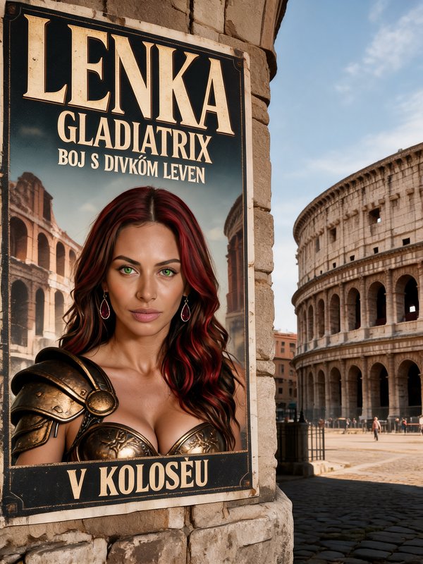 Vintage promotional poster for gladiatrix Lenka mounted on a stone pillar beside the Roman Coloss...