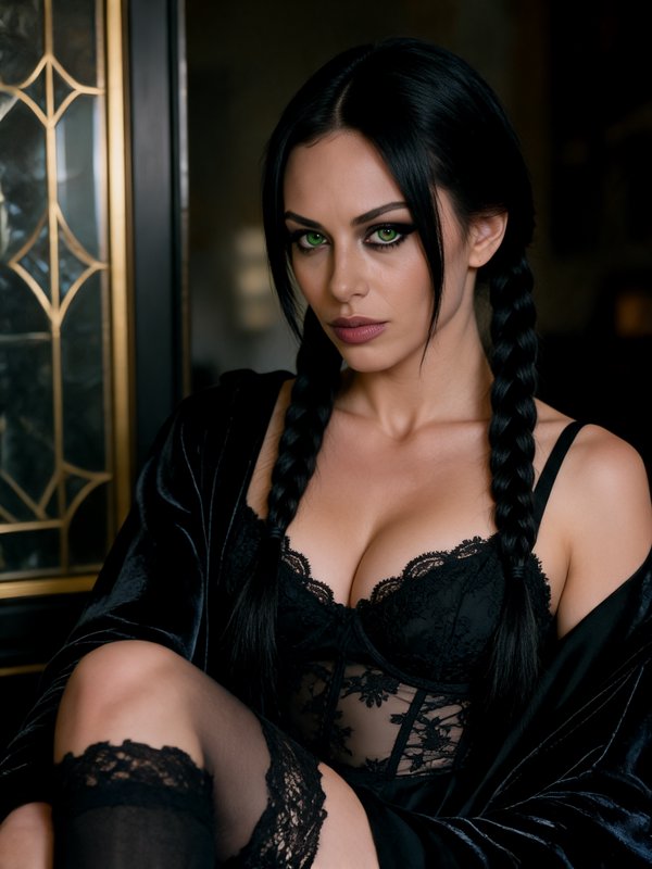 Close-up portrait of a gothic woman with black braids, bright green eyes, wearing black lace ling...