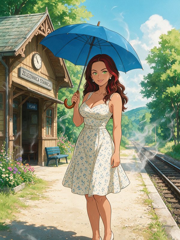 Anime woman with wavy red hair holds a blue umbrella at a sunlit rural wooden train station platform