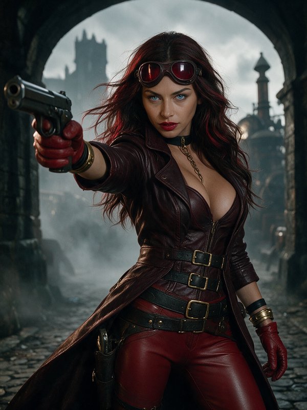 Steampunk woman in burgundy leather with goggles perched on her forehead aims a pistol from a foggy gothic city archway.