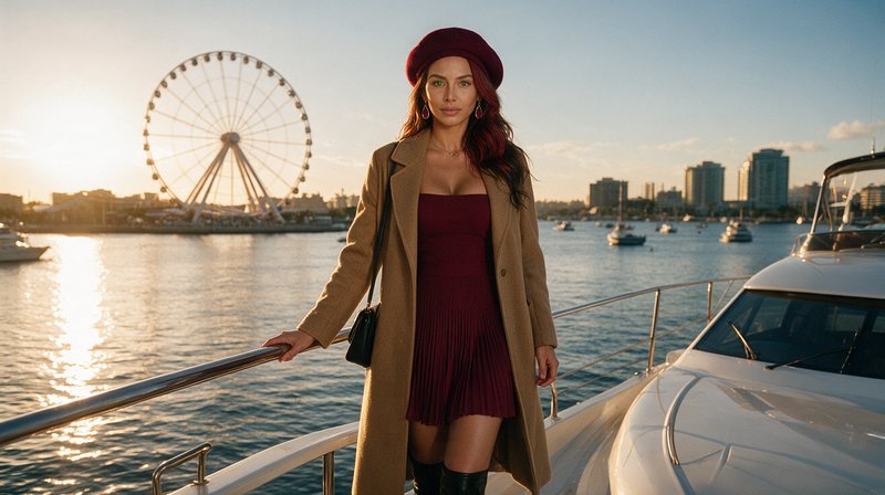 Elegant woman in beret and camel coat stands on a luxury yacht deck at golden hour, waterfront Ferris wheel visible in
