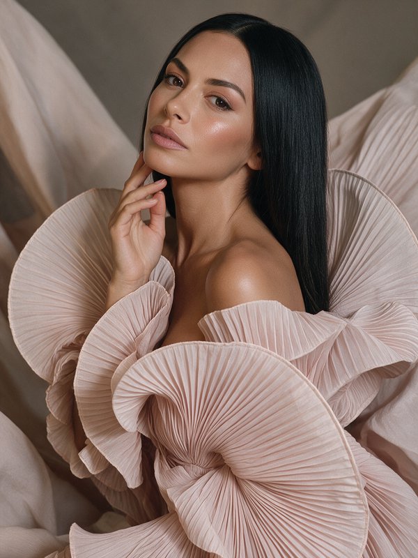Elegant woman with sleek straight black hair wears a dramatic pleated blush gown in a soft studio portrait