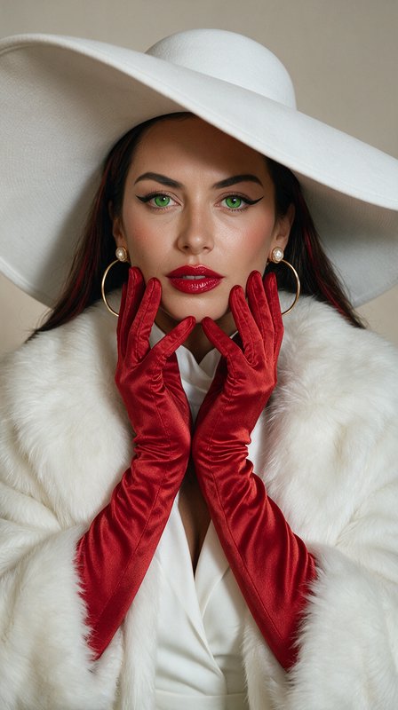 Elegant woman with bright green eyes poses in a wide white hat holding her face with red satin gloved hands