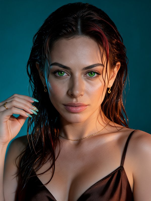 Glamour studio portrait of a woman with vivid green eyes and wet highlighted hair resting her hand near her face
