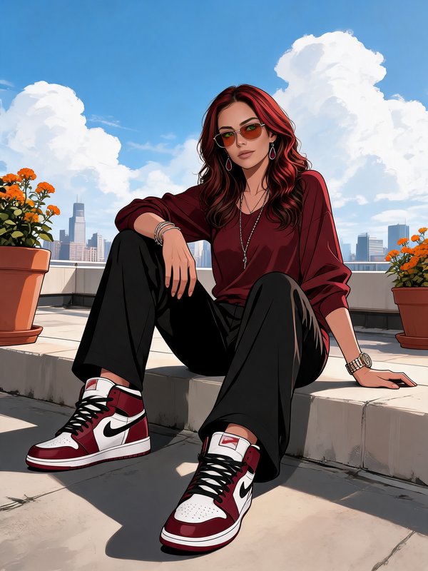 Stylish red-haired woman in streetwear and high-top sneakers sitting on a sunny city rooftop