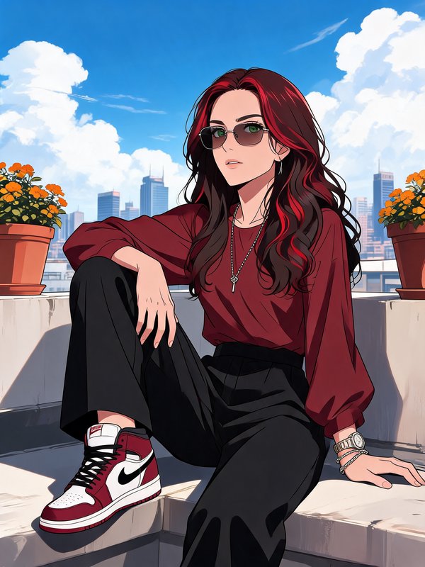 Stylish anime girl with red streaked hair sits relaxed on a sunlit city rooftop wearing high top sneakers and sunglasses