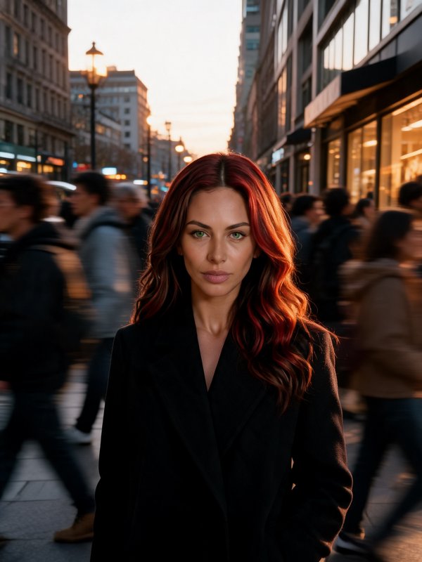 Woman with long wavy red hair stands still on a busy city sidewalk at sunset, blurred pedestrians move around her