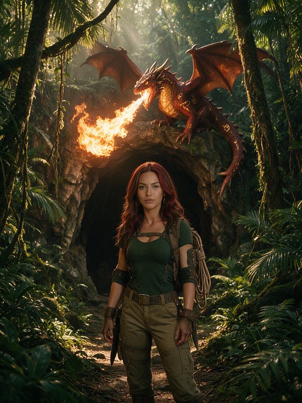 Female jungle explorer stands before a cave as a red fire-breathing dragon perches above the entrance