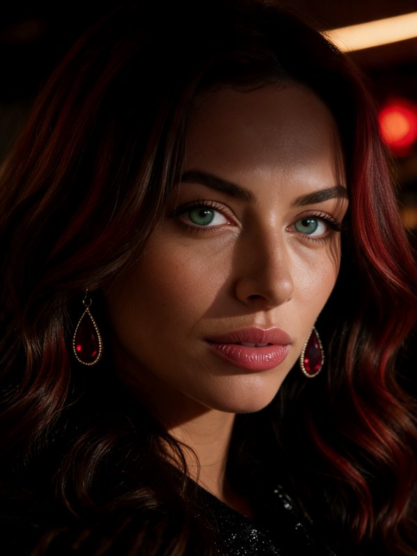 Close-up portrait of a woman with red streaked hair, green eyes, and ruby teardrop earrings under dramatic side lighting