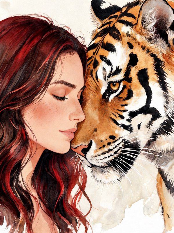 Freckled woman with long wavy red hair tenderly touching foreheads with a large tiger