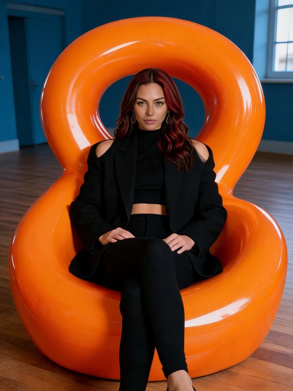 Woman with wavy red hair in a black outfit sits on a bright sculptural orange loop chair
