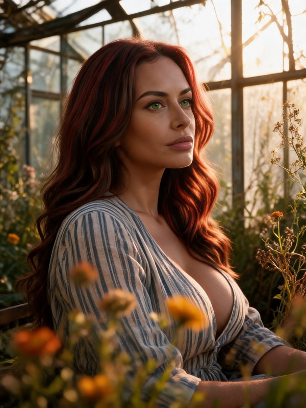 Woman with long wavy red hair and green eyes sitting in a sunlit overgrown greenhouse