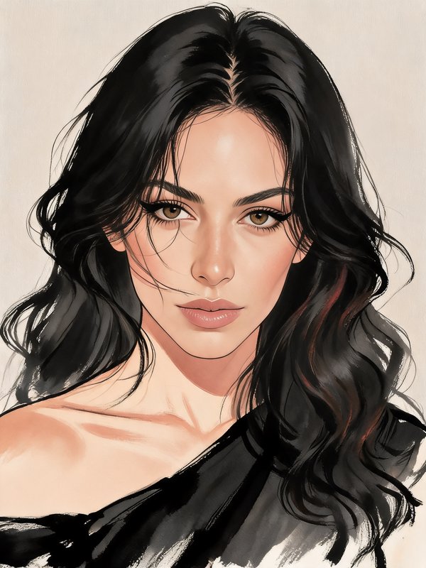 Painterly portrait of a confident woman with long wavy black hair and warm brown eyes