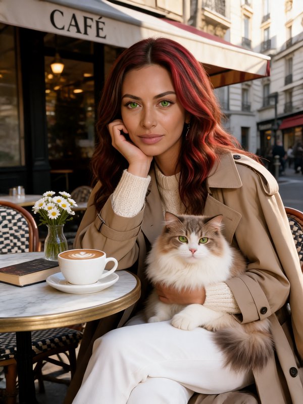 Woman with red hair holds a fluffy longhair cat while seated at a Parisian sidewalk cafe