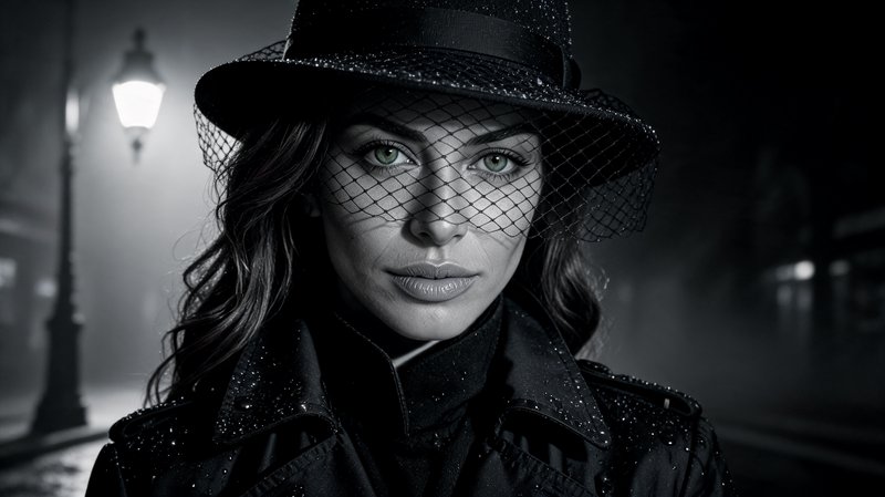 Mysterious woman in a veiled fedora stands on a foggy rainy vintage city street at night