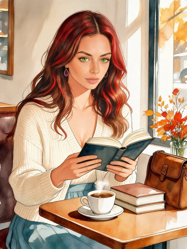 Red haired woman reading a book at a sunlit cafe table with a cup of hot coffee