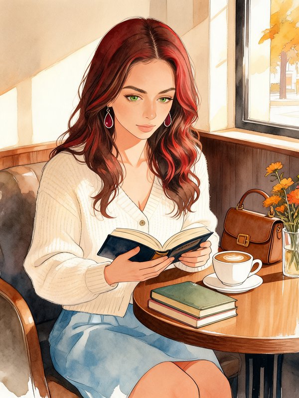 Young red haired woman reading a book at a sunlit cozy cafe table with a latte
