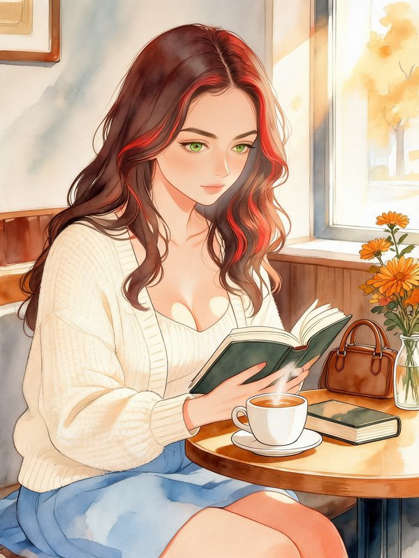 Watercolor illustration of a young woman reading a book at a sunlit cozy cafe table with steaming coffee