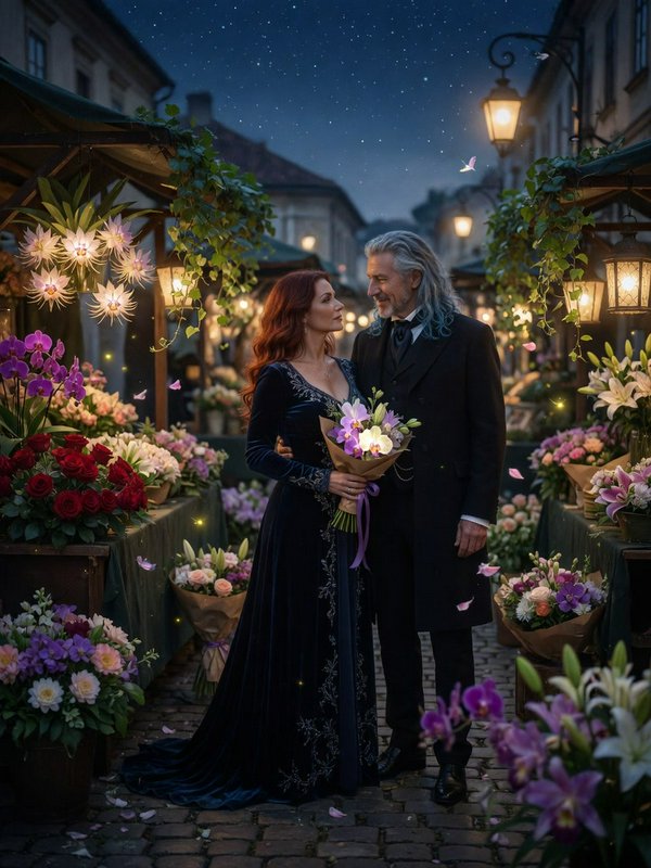 Elegant mature couple gaze at each other between flower stalls at a starry twilight street market