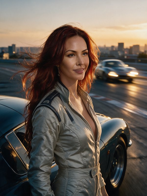 Red-haired female racer leaning on a vintage sports car on a race track at golden sunset