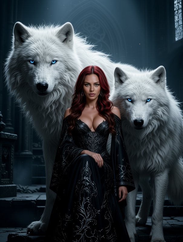 Regal red-haired woman in an ornate black gown flanked by two giant white wolves with glowing blue eyes in a gothic hall