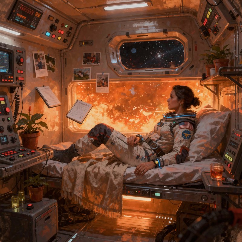 Female astronaut reclines on a bunk inside a cozy cluttered spaceship, watching a fiery cosmic event through the window