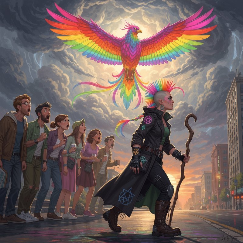 Punk street wizard walks across a downtown city street as a bright rainbow phoenix flies overhead while shocked onlookers