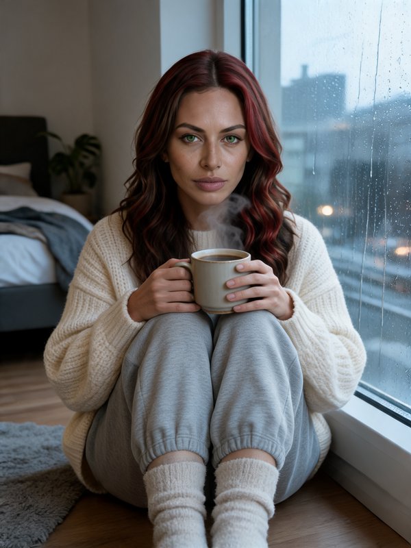 Woman with long wavy red hair sits by a rain-streaked window holding a steaming coffee mug